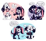 101_dalmatian_street 101_dalmatians absurd_res arachnid arthropod black_body black_fur black_nose black_spots bow_tie canid canine canis chelledoggo collar collar_tag countershade_torso countershading dalmatian dante_(101_dalmatians) disney doggo_(chelledoggo) domestic_dog duo dylan_(101_dalmatians) elvira_(cartooncross) english_text fan_character female feral fluffy_ears fur hi_res holding_switch male mammal mixed_breed nintendo nintendo_switch nisha_(cartooncross) pink_body pink_fur purple_bow_tie purple_collar purple_paws purple_spots red_collar scorpion spots star_collar_tag text vampire_collar_tag white_body white_chest white_fur white_spots