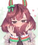  1girl absurdres animal_ears black_dress blush bow bowtie brown_hair commentary dress ear_bow ear_covers embarrassed fingernails green_bow green_bowtie grey_shirt heart highres holding holding_own_hair horse_ears horse_girl juliet_sleeves long_hair long_sleeves looking_at_viewer multicolored_hair neopi nice_nature_(poinsettia_ribbon)_(umamusume) nice_nature_(umamusume) open_mouth puffy_sleeves shirt simple_background solo streaked_hair twintails umamusume upper_body white_background 