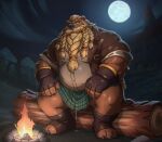 anthro aroused aroused_male balls barazoku bear beard beer_belly belly biceps big_belly big_muscles big_pecs blonde_beard blonde_facial_hair blonde_hair blonde_mustache blonde_sideburns blue_eyes bodily_fluids bottomwear braided_beard braided_hair brown_body brown_clothing brown_fingerless_gloves brown_footwear brown_fur brown_gloves brown_handwear brown_jacket brown_shoes brown_topwear campfire clothed clothed_anthro clothed_male clothing cloud cloudy_sky dripping dwarf facial_hair fingerless_gloves fire firelight footwear forest forest_background full_moon fur genital_fluids genitals gloves grass green_clothing green_kilt hair handwear hi_res jacket leaking_precum light log looking_at_viewer low-angle_view magniursus male mammal manly mature_anthro mature_male moon moonlight musclegut muscular muscular_anthro muscular_arms muscular_male muscular_thighs mustache nature nature_background night outside pattern_bottomwear pattern_clothing pecs plaid plaid_bottomwear plaid_clothing plaid_kilt plant precum precum_drip precum_from_penis precum_on_ground precum_puddle shirt shoes sideburns sitting sitting_on_log sky solo spread_legs spreading thick_arms thick_thighs toeless_footwear toeless_shoes topwear tree ursine white_clothing white_shirt white_topwear wood
