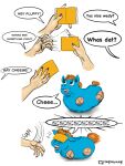 2025 abuse ambiguous_gender ambiguous_human amputee animal_abuse artist_name blue_body blue_eyes blue_fur cheese colored_nails comic dairy_products dialogue digital_media_(artwork) disability duo english_text fingernails fluffy_pony fluffy_pony_(species) food fur hair hi_res holding_food holding_object human light_body light_skin looking_up_at_another lying mammal nails on_front one_page_comic open_mouth orange_hair orange_tail purple_fingernails purple_nails quadruple_amputee scared screaming slap smile solo_focus speech_bubble tail teeth text throwing throwing_object tjfluffnsnuff