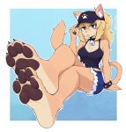  2025 4_toes anthro artist_name barefoot baseball_cap bell bell_collar blonde_hair border bottomwear bracelet breasts brown_pawpads chest_tuft claws clothed clothing collar countershade_feet countershading crossed_legs digital_media_(artwork) domestic_cat feet felid feline felis female foot_focus fur green_eyes hair hat headgear headwear hi_res inner_ear_fluff jewelry looking_at_viewer mammal open_mouth outline paige_(p4wsized) pawpads paws plantigrade plantigrade_pawpads shirt shorts simple_background sitting softhanten soles solo spiked_bracelet spikes tail tank_top text tipping_hat toe_claws toes topwear tuft white_border 