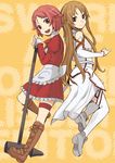  :d asuna_(sao) boots brown_eyes brown_hair detached_sleeves freckles hair_ornament hairclip hammer kurusu_tatsuya lisbeth long_hair long_legs looking_at_viewer multiple_girls open_mouth red_eyes red_hair short_hair smile sword_art_online thigh_strap thighhighs white_legwear 