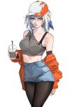  1girl absurdres alternate_costume bare_shoulders baseball_cap black_pantyhose blue_nails clothes_down commentary crop_top cup denim denim_shorts disposable_cup earrings galbrena_(wuthering_waves) grey_hair grey_shirt hair_between_eyes hat highres holding holding_cup jacket jewelry medium_hair nail_polish orange_jacket pantyhose parted_lips purple_eyes shirt shorts simple_background solo white_background wuthering_waves xue_lian_hua 
