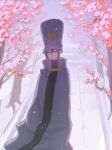  1girl absurdres androgynous blue_eyes boogiepop boogiepop_(character) brown_hair cherry_blossoms closed_mouth coat commentary_request eldoon0712 expressionless hair_between_eyes hat highres large_hat looking_at_viewer purple_coat purple_hat solo 