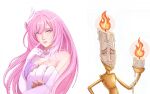  1girl 1other bare_shoulders breasts candle character_request commentary copyright_request corset diamond-shaped_pupils diamond_(shape) elysia_(herrscher_of_human:_ego)_(honkai_impact) elysia_(honkai_impact) english_commentary gloves hair_ornament highres honkai_(series) honkai_impact_3rd large_breasts long_hair multicolored_hair parted_lips pink_hair purple_eyes simple_background symbol-shaped_pupils tioffu triquetra two-tone_hair very_long_hair white_background white_corset white_gloves white_hair 