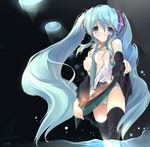  aqua_nails bare_shoulders between_breasts blue_eyes blue_hair breasts detached_sleeves hatsune_miku long_hair mugen_dai nail_polish necktie open_clothes open_shirt panties shirt skirt skirt_lift small_breasts solo striped striped_panties thighhighs twintails underwear very_long_hair vocaloid water 