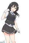  1girl black_hair black_skirt black_vest brown_eyes collared_shirt commentary_request dated dress_shirt feet_out_of_frame gloves highres kantai_collection long_hair one-hour_drawing_challenge oyashio_(kancolle) pleated_skirt robinson_(day_l_full) school_uniform shirt simple_background skirt smile solo twitter_username vest white_background white_gloves white_shirt 