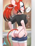  1girl absurdres animal_ear_fluff animal_ears ass ass_focus bikini bikini_under_clothes black_shirt blue_bow blue_eyes blue_shorts bow clothes_pull dice_hair_ornament english_text hair_ornament hakos_baelz highres hololive hololive_english hololive_summer_2023_swimsuit inconvenient_ass looking_back mouse_ears mouse_girl mouse_tail multicolored_hair open_mouth red_hair shirt shorts shorts_pull shouting solo speech_bubble streaked_hair striped_bikini striped_clothes swimsuit tail tail_bow tail_ornament tied_shirt twintails virtual_youtuber yahnuko 