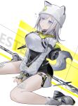  1girl absurdres animal_hat ankle_socks arknights arknights:_endfield bandaid bandaid_on_cheek bandaid_on_face black_bodysuit blue_eyes bodysuit bodysuit_under_clothes breasts cat_girl cat_hat cat_tail commentary_request estella_(arknights) fingerless_gloves full_body gauze_on_thigh gloves grey_gloves grey_hair grey_shoes hat hat_with_ears highres kanshio large_breasts long_sleeves medium_hair parted_lips shirt shoes sitting socks solo tail teardrop wariza white_background white_hat white_shirt 