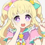  1girl :d blonde_hair bow bracelet bright_pupils commentary_request hair_bow hair_ornament hand_on_own_cheek hand_on_own_face hands_up idol_time_pripara jewelry long_hair looking_at_viewer mzh open_mouth pink_bow pink_shirt pretty_series pripara purple_bow purple_eyes ringlets shirt short_sleeves smile solo star_(symbol) star_hair_ornament two_side_up upper_body white_background white_pupils yumekawa_yui 