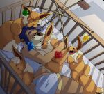 2026 ambiguous_gender anthro baby_mobile bedroom blue_hair brick brown_body brown_fur chester_(pandottermon) clothed clothed_male clothing colored crib cuddling dated ear_piercing eevee evolutionary_stone feral fire_stone fur generation_1_pokemon group hair hi_res hug in_crib inside leaf_stone male mammal mustelid nintendo open_mouth otter pandottermon paws piercing pokemon pokemon_(species) signature sleeping smile tail teeth thunder_stone tongue uvula water_stone