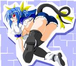  aoba_shou ass bent_over blue_hair blue_sailor_collar breasts denim denim_shorts dizzy guilty_gear large_breasts nipple_slip nipples red_eyes sailor_collar shorts solo tail thighhighs underboob 