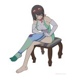  absurdres bare_shoulders barefoot black_hair blue_thighhighs breasts closed_eyes digimon digimon_story:_time_stranger dress dressing elbow_gloves eyewear_on_head feet gloves green_dress green_thighhighs highres kakudrawmon large_breasts legs multicolored_thighhighs no_shoes on_stool red_scarf scarf short_dress short_hair sideboob single_bare_foot single_bare_leg single_thighhigh sitting sleeveless sleeveless_dress stool thighhighs toe_socks toes two-tone_dress two-tone_scarf white_dress white_gloves white_scarf yuuki_kanan 
