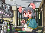  1girl animal_ear_fluff animal_ears black_skirt black_vest blue_capelet bottle capelet chopsticks commentary_request commission contemporary food grey_hair highres holding holding_chopsticks indoors kasuya_baian long_sleeves looking_at_viewer mouse_ears mouse_girl mouse_tail nazrin open_mouth partial_commentary plate red_eyes restaurant shirt short_hair skeb_commission skirt smile solo sushi tail teeth touhou translation_request upper_teeth_only vest white_shirt 