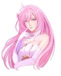  1girl absurdres bare_shoulders breasts commentary corset cropped_torso diamond-shaped_pupils diamond_(shape) elysia_(herrscher_of_human:_ego)_(honkai_impact) elysia_(honkai_impact) english_commentary gloves hair_ornament highres honkai_(series) honkai_impact_3rd large_breasts long_hair multicolored_hair parted_lips pink_hair purple_eyes simple_background solo symbol-shaped_pupils tioffu triquetra two-tone_hair very_long_hair white_background white_corset white_gloves white_hair 