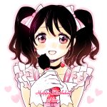  1girl black_collar black_hair blush bow collar commentary_request dress earrings english_text frills gloves hair_bow happy_birthday harucabet heart holding holding_microphone idol idol_clothes jewelry looking_at_viewer love_live! microphone open_mouth outline pink_dress pink_outline red_eyes short_twintails simple_background smile solo solo_focus twintails white_background white_gloves yazawa_nico 