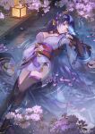  1girl asymmetrical_sleeves bilibili_username black_panties black_thighhighs blue_butterfly blue_pupils blunt_bangs braid breasts bridal_gauntlets bug butterfly butterfly_on_hand cherry_blossoms chinese_commentary collarbone commentary_request commission falling_petals fan_hair_ornament flower_ornament genshin_impact glowing glowing_butterfly guangchengji hair_ornament hair_ribbon hand_on_own_stomach hand_up highres index_finger_raised japanese_clothes kimono lantern large_breasts long_braid long_hair looking_at_animal looking_to_the_side lying lying_on_water mitsudomoe_(shape) mole mole_under_eye multicolored_hair neck_ribbon on_back outdoors panties parted_lips petals pink_petals pink_ribbon purple_eyes purple_kimono raiden_shogun red_ribbon red_sash reflection reflective_liquid ribbon ripples sample_watermark sash second-party_source shade shadow signature single_braid solo streaked_hair thick_thighs thighhighs thighs tomoe_(symbol) tree underwear uneven_sleeves water watermark wide_sleeves 