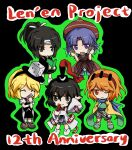  5others :o ^_^ androgynous anniversary arm_up bandaged_head bandages black_background black_hair black_hairband black_hakama black_kimono black_ribbon black_shorts black_sleeves black_vest blonde_hair blue_pants blue_scarf blue_shirt blunt_bangs book boots bow bowtie brown_boots brown_hat brown_headband brown_jacket brown_shoes brown_shorts card chibi chinese_commentary closed_eyes closed_mouth colored_tips commentary_request copyright_name covered_mouth crossed_arms detached_sleeves dice_hair_ornament dress_shirt expressionless eye_of_senri green_hakama green_kimono green_outline grey_eyes hair_between_eyes hair_bow hair_ornament hair_rollers hairband hakama hakama_short_skirt hakama_skirt hand_on_own_hip happy hat headband high_ponytail highres holding holding_card holding_clothes_iron holding_rod jacket japanese_clothes jinbei_(clothes) jinbei_(len'en) kariginu kimono leg_ribbon len'en loafers long_sleeves medium_hair multicolored_hair multiple_others object_to_mouth ofuda ofuda_on_clothes one_eye_closed open_mouth orange_eyes orange_hair other_focus outline over-kneehighs pants parted_bangs parted_lips pink_shirt playing_card ponytail puffy_short_sleeves puffy_shorts puffy_sleeves purple_eyes reading red_bow red_bowtie red_hairband red_ribbon ribbon ribbon_legwear rod scarf see-through_clothes see-through_jacket senri_haiji senri_tsurubami shirt shoes short_hair short_kimono short_sleeves shorts single_stripe skirt smile socks spell_card striped_clothes striped_headband striped_headwear striped_shirt tailcoat thighhighs traditional_bowtie two-sided_sleeves two-tone_shirt vertical-striped_hairband vest weihe_wuya_xiang_zhuo_tai white_bow white_shirt white_sleeves white_socks white_wrist_cuffs wide_sleeves wrist_cuffs xeno_a yellow_sleeves zuifeng_tenkai 