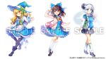  3girls alternate_color alternate_costume apron bag belt black_boots black_hairband black_shoes blonde_hair blue_eyes blue_hat blue_sailor_collar blue_skirt blue_sweater_vest blue_vest blush boots bow bowtie braid breasts brown_hair brown_pantyhose cardigan collared_shirt commentary_request copyright_notice flower frilled_bow frilled_hair_tubes frilled_skirt frills full_body grey_hair grey_skirt hair_bow hair_flower hair_ornament hair_tubes hairband hakurei_reimu hat hat_bow high-waist_skirt hitodama hitodama_print kirisame_marisa kneehighs konpaku_youmu konpaku_youmu_(ghost) kurisu_toshi lawson leg_warmers loafers long_hair long_sleeves looking_at_viewer multiple_girls official_art open_cardigan open_clothes open_mouth pantyhose pink_cardigan pink_flower pleated_skirt print_skirt red_eyes sailor_collar sailor_shirt sample_watermark shirt shoes short_hair shoulder_bag side_braid single_braid skirt small_breasts smile socks sweater_vest thigh_belt thigh_strap touhou touhou_danmaku_kagura vest waist_apron watermark white_leg_warmers white_shirt white_socks witch_hat yellow_bow yellow_bowtie yellow_eyes 