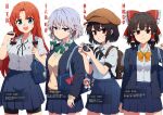  4girls alternate_costume alternate_headwear bag bag_charm bandaid bandaid_on_arm bandaid_on_face bandaid_on_nose bike_shorts black_ribbon black_shorts blazer blue_bag blue_eyes blue_jacket blue_skirt bow bowtie braid breasts brown_bag brown_hair brown_hat camera character_charm character_name charm_(object) closed_mouth collared_shirt commentary_request contemporary cowboy_shot frilled_bow frilled_hair_tubes frills green_bow green_bowtie grey_hair grin hair_bow hair_tubes hakurei_reimu hat holding holding_camera hong_meiling izayoi_sakuya jacket long_hair looking_at_viewer loose_bowtie medium_breasts miniskirt missing_headwear multiple_girls neck_ribbon necono_(nekonosora1207) newspaper object_in_pocket open_clothes open_jacket open_mouth pen_in_pocket pleated_skirt pocket puffy_short_sleeves puffy_sleeves red_bow red_eyes red_hair remilia_scarlet ribbon rolled-up_newspaper school_bag school_uniform shameimaru_aya shirt short_hair short_sleeves shorts shoulder_bag skirt small_breasts smile sweater touhou translated twin_braids very_long_hair white_shirt yellow_bow yellow_bowtie yellow_sweater yukkuri_shiteitte_ne 