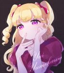  1girl black_background blonde_hair character_name finger_to_mouth hair_ribbon hand_on_own_cheek hand_on_own_face hands_up highres idol_time_pripara long_hair looking_at_viewer nigari-chan pretty_series pripara purple_eyes red_ribbon ribbon ringlets solo two_side_up upper_body yumekawa_yui 