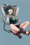  1girl animal_ears arms_behind_head boots breasts brown_boots brown_shorts commentary_request ears_through_headwear green_eyes green_hair green_vest hat horse_ears horse_girl horse_tail jacket kiseki_(miracle_author)_(umamusume) kiseki_(umamusume) large_breasts looking_at_viewer multicolored_hair open_mouth shirt short_hair shorts simple_background sitting smile solo streaked_hair tail teeth umamusume upper_teeth_only vest white_jacket white_shirt white_streaks yanagi_wakana yellow_hat 