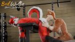 16:9 3d_(artwork) 5_fingers anal anthro anthro_on_anthro ass_up balls belly_down_position biped black_claws black_nose blender_(artwork) blender_cycles_(artwork) blue_eyes brown_body brown_fur canid canine canis claws digital_media_(artwork) digitigrade domestic_dog duo exercise fingers fluffy fur genitals gloves_(marking) gym hair hi_res kneeling kneeling_on_ground kneeling_oral_position kneeling_position kneeling_sex looking_at_another looking_back looking_back_at_another male male/male male_anthro mammal markings mutt_(wagnermutt) nude oral pawpads paws public public_exposure public_nudity public_sex realistic red_(red_wulfie) red_body red_fur red_wulfie rimming sex tail watermark weight_bench weightlifting weights whiskers white_body white_fur white_whiskers widescreen wolf workout