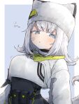  1girl arknights arknights:_endfield bandaid bandaid_on_cheek bandaid_on_face blue_eyes blush breasts commentary cropped_jacket estella_(arknights) hat highres jacket large_breasts medium_hair meguru_1225 open_mouth solo white_hair white_hat white_jacket 