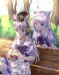  2girls absurdres animal_ears aqua_bow blunt_bangs blush bow bowtie breasts brown_hat closed_mouth collarbone commentary_request ear_bow ear_ribbon gold_ship_(umamusume) grey_hair hat highres holding horse_ears horse_girl long_hair mejiro_mcqueen_(umamusume) multiple_girls on_bench outdoors parted_lips pillbox_hat pleated_skirt puffy_short_sleeves puffy_sleeves purple_bow purple_bowtie purple_eyes purple_hair purple_shirt rubik's_cube sailor_collar sailor_shirt school_uniform shirt short_sleeves sitting skirt smile thighhighs tongue tongue_out tracen_school_uniform umamusume white_sailor_collar white_skirt white_thighhighs yuugi_roki 