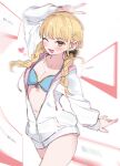  1girl :3 ;d arm_up bikini blonde_hair blush braid breasts cleavage collarbone commentary cowboy_shot dot_nose drawstring fan_request fang front-tie_bikini_top front-tie_top fujita_kotone gakuen_idolmaster hair_ornament heart highres idolmaster jacket kimi_to_semi_blue_(idolmaster) long_hair long_sleeves look_4rt looking_at_viewer low_twin_braids marshmallow_(site) medium_breasts navel no_pants one_eye_closed open_mouth partially_unzipped request_inset sidelocks skin_fang smile solo swept_bangs swimsuit twin_braids two-sided_fabric two-sided_jacket untranslatable_commentary v v-shaped_eyebrows white_jacket yellow_eyes 