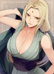  1girl bare_shoulders bb_m0024 blonde_hair breasts cleavage facial_mark forehead_mark large_breasts long_hair looking_at_viewer low-tied_long_hair naruto naruto_(series) ninja ponytail solo tsunade 