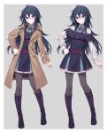  1girl ahoge black_hair boots commentary_request dress eyebrows_visible_through_hair grey_background hair_between_eyes hijiri_(resetter) knee_boots long_hair long_sleeves looking_at_viewer multiple_views original pantyhose purple_eyes simple_background smile trench_coat 