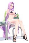  1girl bangs bare_shoulders bikini black_bikini blush breasts cleavage collarbone commentary fate/stay_night fate_(series) forehead large_breasts legs long_hair looking_at_viewer navel parted_bangs prime purple_eyes purple_hair rider simple_background sitting swimsuit very_long_hair white_background 