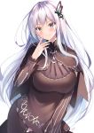  1girl absurdres bangs black_capelet black_dress blush breasts butterfly_hair_ornament capelet dress echidna_(re:zero) grey_eyes hair_ornament highres large_breasts long_hair long_sleeves looking_at_viewer nenobi_(nenorium) re:zero_kara_hajimeru_isekai_seikatsu silver_hair simple_background smile striped vertical-striped_dress vertical_stripes white_background 