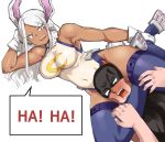  1boy 1girl animal_ears between_legs between_thighs boku_no_hero_academia breasts bunny_ears bunny_tail dark_skin defeat english_text gloves highres leg_lock leotard mask mipoog mirko open_mouth red_eyes smile speech_bubble tail thighhighs thighs 