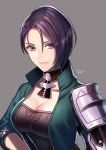  1girl blue_jacket breasts capelet cleavage closed_mouth collar collarbone commentary_request fire_emblem fire_emblem:_three_houses grey_background haru_(toyst) jacket long_sleeves looking_at_viewer medium_breasts open_clothes open_jacket pink_lips purple_eyes purple_hair shamir_nevrand short_hair simple_background smile solo upper_body 