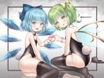  2girls alternate_costume ass bangs bare_arms bare_shoulders black_legwear black_leotard blue_bow blue_eyes blue_hair blue_wings blush bow bowtie bunny_girl bunny_tail bunnysuit cirno commission daiyousei detached_collar eyebrows_visible_through_hair fairy_wings fake_tail green_eyes green_hair grey_background hair_between_eyes hair_bow heart heart_hands heart_hands_duo ice ice_wings juugou_taki leotard looking_at_viewer medium_hair multiple_girls open_mouth red_neckwear sitting smile tail thighhighs touhou transparent_wings twitter_username wings wrist_cuffs yellow_bow 