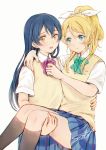  2girls artist_name ayase_eli bangs black_legwear blue_hair blush bow bowtie carrying commentary_request green_neckwear hair_between_eyes highres kneehighs long_hair love_live! love_live!_school_idol_project multiple_girls open_mouth otonokizaka_school_uniform ponytail princess_carry red_neckwear school_uniform scrunchie short_sleeves simple_background sonoda_umi striped striped_bow striped_neckwear suito sweater_vest white_background white_scrunchie yellow_eyes 