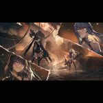  2girls architect_(girls_frontline) black_hair black_legwear black_leotard boots breasts burning cable close-up cut-in embers evil_grin evil_smile fire gager_(girls_frontline) game_cg girls_frontline glowing glowing_eyes grin leotard long_hair long_sleeves looking_to_the_side medium_breasts mexican_standoff multiple_girls official_art over_shoulder purple_eyes rocket_launcher ruins sangvis_ferri side_ponytail sleeveless smile smoke spoilers standing standing_on_liquid striped thigh_boots thigh_strap thighhighs weapon weapon_over_shoulder white_hair yellow_eyes 