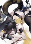  1girl absurdres arknights black_hair blue_eyes blue_hairband breasts brush commentary_request eunectes_(arknights) hairband highres large_breasts light_bulb screwdriver short_hair simple_background snake_tail solo tail thighs white_background yushi_ketsalkoatl 