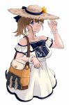  1girl absurdres anchor_symbol bag bangs blue_bow blue_eyes bow bracelet breasts brown_hair cosplay cropped_legs dated dress eyebrows_visible_through_hair flower hat hat_flower highres intrepid_(kantai_collection) jewelry kantai_collection large_breasts ponytail shoulder_bag simple_background smile solo sozan straw_hat sundress twitter_username white_background white_dress yellow_flower yukikaze_(kantai_collection) yukikaze_(kantai_collection)_(cosplay) 