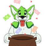  &lt;3 1:1 alpha_channel anthro black_eyebrows black_nose candy canid canine digital_media_(artwork) eyebrows fidget_the_fox food fox fur green_body green_eyes green_fur hair halloween happy holidays kwik_(artist) male mammal paws pivoted_ears simple_background sliva smile solo telegram telegram_stickers tongue tongue_out white_body white_fur 