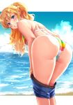  1girl ass back bangs bare_shoulders belt bent_over bikini blonde_hair blue_eyes blue_sky blush breasts denim denim_shorts grin highres idolmaster idolmaster_cinderella_girls large_breasts long_hair looking_at_viewer looking_back multicolored multicolored_bikini multicolored_clothes ocean ootsuki_yui sg_(esujii) shorts shorts_pull sky smile striped striped_bikini swimsuit thighs wavy_hair 