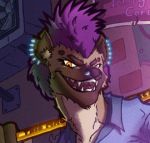  alley anthro avatar_for_self clothing crowbar gnarly grin hair hyaenid jewelry low_res male mammal piercing punk purple_hair smile solo spots spotted_body sunpaw_studios 