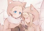  2girls animal_costume artist_name ayase_eli blonde_hair blue_eyes closed_eyes dog_costume light_blush light_smile love_live! love_live!_school_idol_project multiple_girls sleeping suito time_paradox 