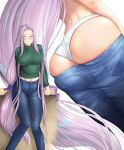  1girl ass blue_pants bow breasts casual denim dutch_angle fate/grand_order fate_(series) glasses green_shirt hair_bow highres jeans kariza large_breasts long_hair long_sleeves low-tied_long_hair low_ponytail lower_body midriff navel panties pants panty_pull purple_bow purple_eyes rider shirt simple_background underwear very_long_hair white_background white_panties 