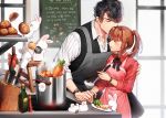  1boy 1girl apron black_bow bottle bow bread brown_hair bunny carrot closed_eyes food hand_on_another&#039;s_arm hetero holding_hands iji_(u_mayday) indoors knife knife_block ladle li_zeyan long_sleeves love_and_producer mushroom pepper_shaker ponytail pot protagonist_(love_and_producer) red_bow sidelocks steam stepladder stove watch wine_bottle wristwatch 