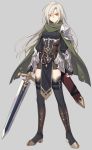  1girl armor belt breasts commentary_request eyebrows_visible_through_hair eyes_visible_through_hair full_body grey_background grey_hair hijiri_(resetter) holding holding_sword holding_weapon long_hair looking_at_viewer original sheath simple_background small_breasts solo standing sword thighhighs weapon yellow_eyes 