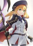  1girl absurdres artoria_pendragon_(all) artoria_pendragon_(caster) blonde_hair breasts commentary_request cowboy_shot eyebrows_visible_through_hair fate/grand_order fate_(series) gloves green_eyes hair_between_eyes hat highres holding holding_staff long_hair long_sleeves looking_at_viewer pantyhose simple_background small_breasts smile solo staff standing tsurupy white_background 