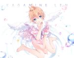  1boy ahoge angel_wings aqua_eyes bare_arms bare_legs barefoot blonde_hair blue_flower blue_neckwear blue_ribbon blurry blush character_name depth_of_field detached_wings feathered_wings flower from_above hand_to_own_mouth head_tilt heart highres hmniao kagamine_len looking_at_viewer male_focus nail_polish neck_ribbon pink_shirt ponytail puffy_short_sleeves puffy_sleeves ribbon ripples sailor_collar see-through shirt short_sleeves sitting smile solo vocaloid wariza water_drop white_background white_sailor_collar white_wings wings yellow_nails 